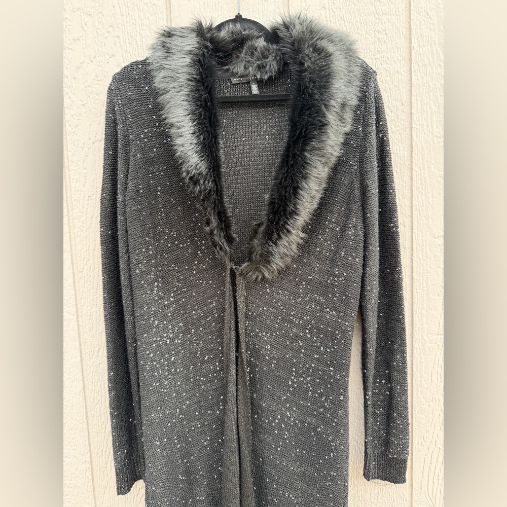 White House Black Market Black Fur-Trimmed Cardigan - Picture 2 of 3